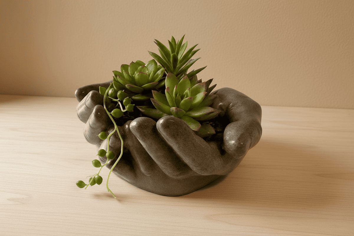 Decorative piece in the shape of hands with a plant