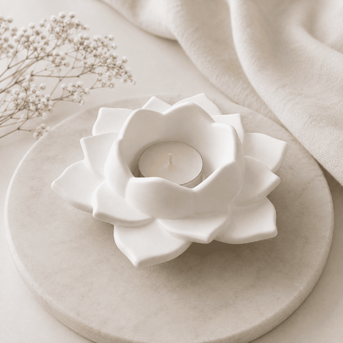 Porta-velas Flor de Lótus em Gesso
